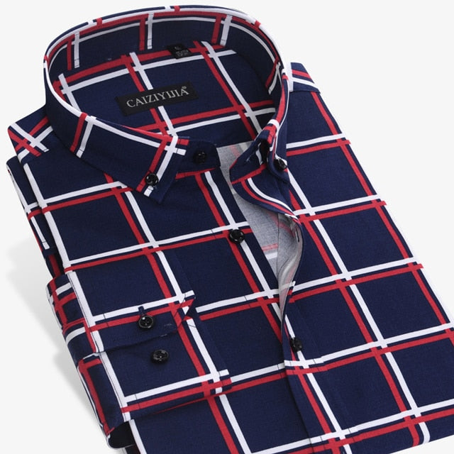 Long-sleeved large plaid and easy-care cotton shirt