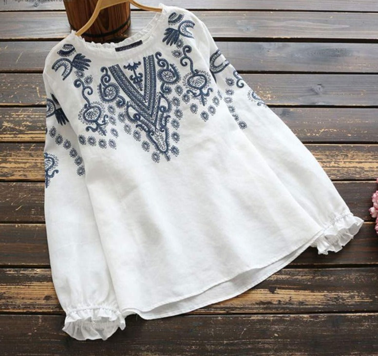 Spring Cotton Long Sleeve Tops, Embroidery Blouse Casual O-Neck S-5XL