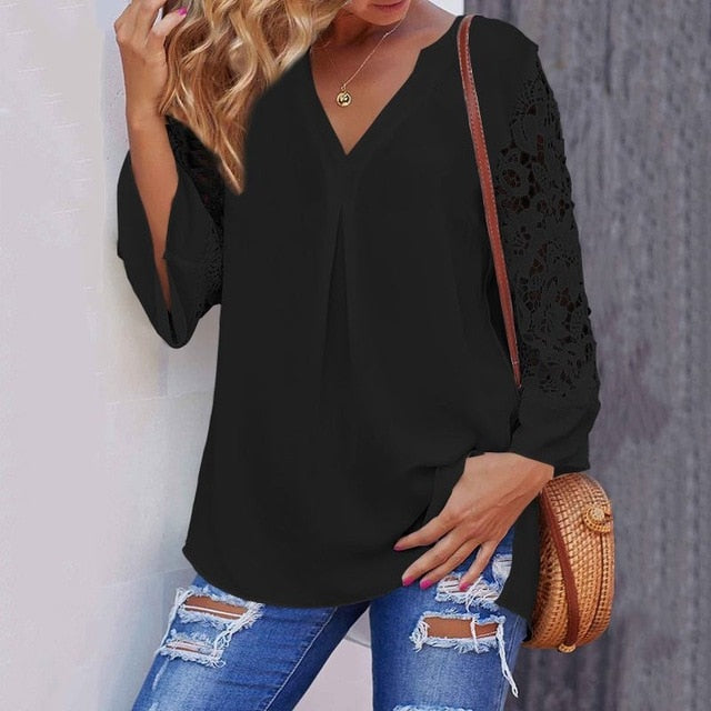 Summer women elegant blouse V-neck S-5XL