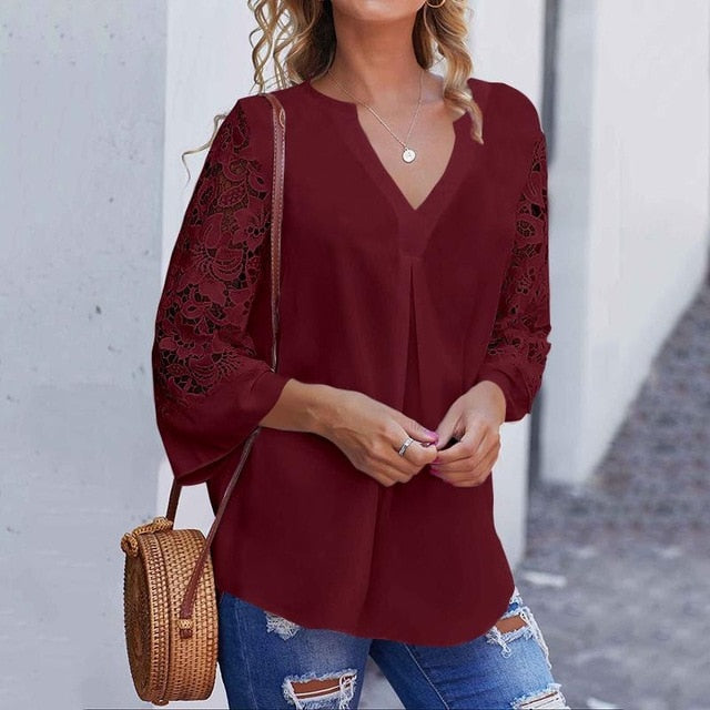 Summer women elegant blouse V-neck S-5XL