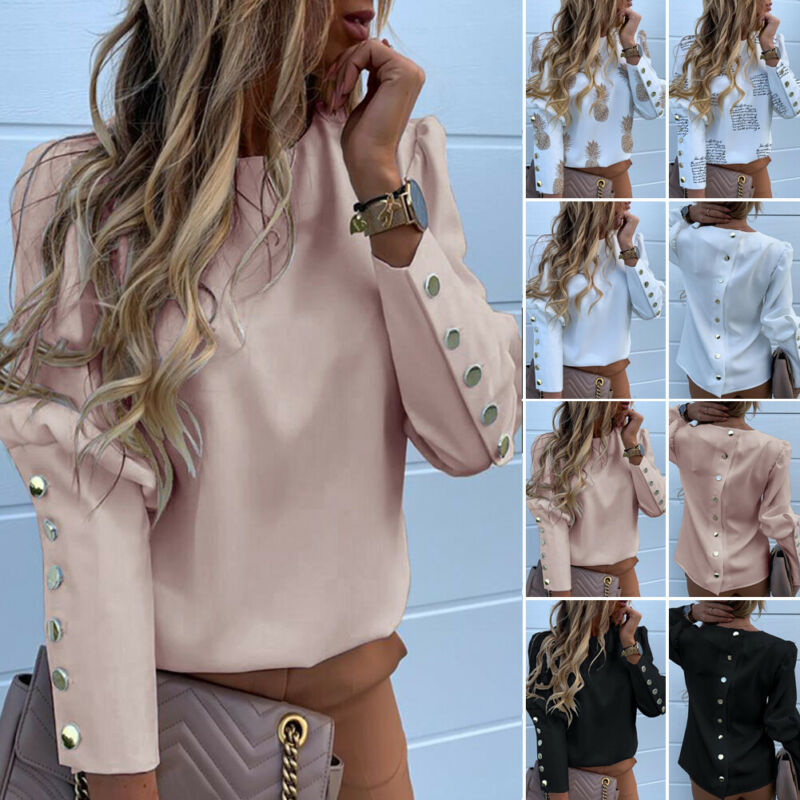 2020 Work Wear Women Blouses Long Sleeve Back Metal Buttons Shirt Casual O Neck Printed Plus Size Tops Fall Blouse Drop Shipping