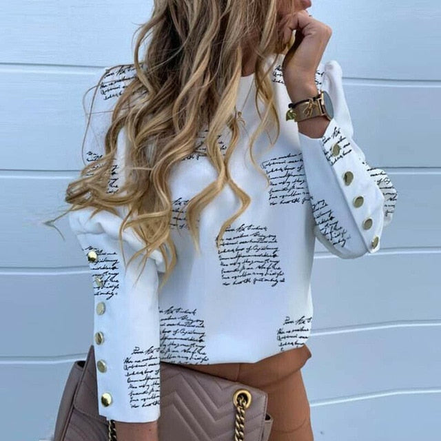 2020 Work Wear Women Blouses Long Sleeve Back Metal Buttons Shirt Casual O Neck Printed Plus Size Tops Fall Blouse Drop Shipping