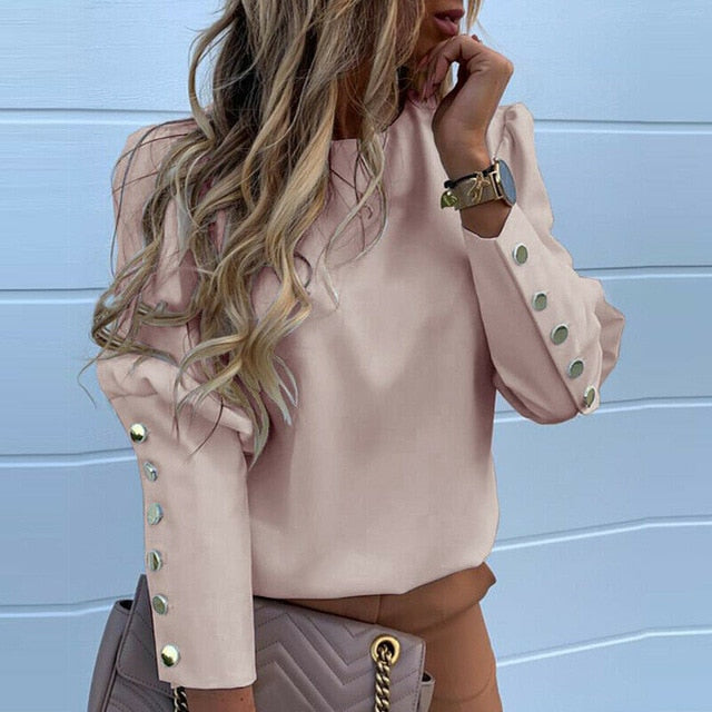 2020 Work Wear Women Blouses Long Sleeve Back Metal Buttons Shirt Casual O Neck Printed Plus Size Tops Fall Blouse Drop Shipping