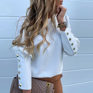 2020 Work Wear Women Blouses Long Sleeve Back Metal Buttons Shirt Casual O Neck Printed Plus Size Tops Fall Blouse Drop Shipping