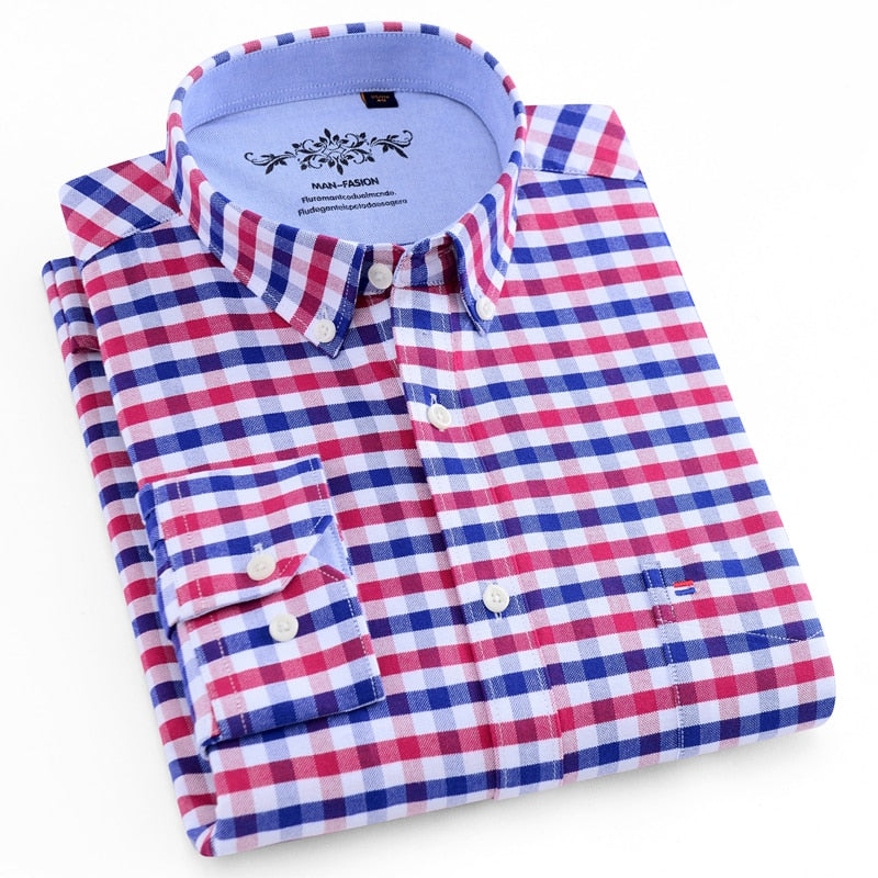 Long sleeve plaid striped oxford shirt with pocket