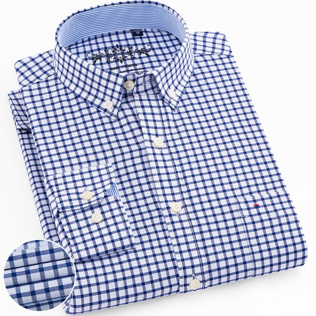 Chemise oxford rayée à carreaux à manches longues avec poche