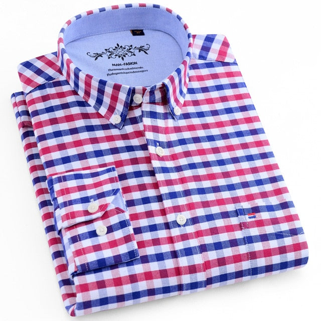 Chemise oxford rayée à carreaux à manches longues avec poche