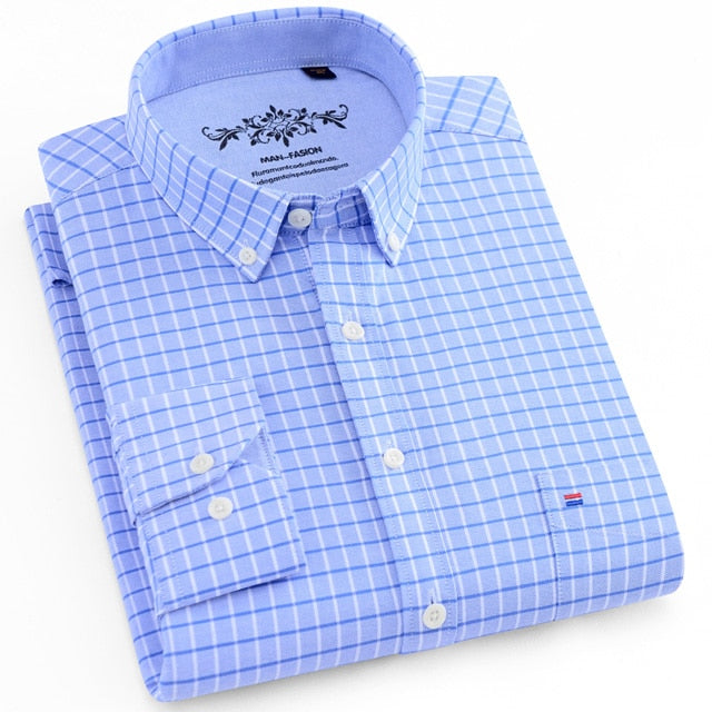 Chemise oxford rayée à carreaux à manches longues avec poche