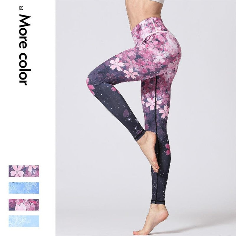 Yoga Pants, Flower High Waist Sports Leggings, Workout Tummy Control