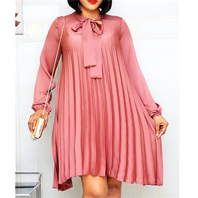 Plus Size Pleated Dresses with Bow Tie Long Lantern Sleeves Knee Length