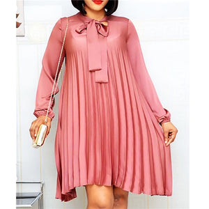 Plus Size Pleated Dresses with Bow Tie Long Lantern Sleeves Knee Length