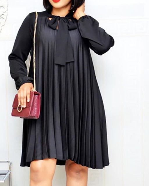 Plus Size Pleated Dresses with Bow Tie Long Lantern Sleeves Knee Length