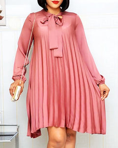 Plus Size Pleated Dresses with Bow Tie Long Lantern Sleeves Knee Length