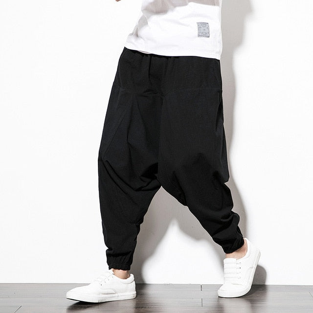 Harem Pants Men Solid Elastic Waist Streetwear Joggers New Baggy Drop-crotch