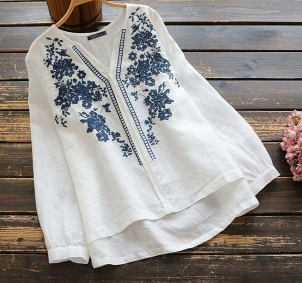 Spring Cotton Long Sleeve Tops, Embroidery Blouse Casual O-Neck S-5XL