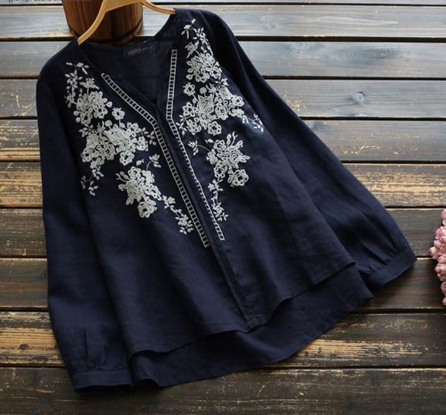 Spring Cotton Long Sleeve Tops, Embroidery Blouse Casual O-Neck S-5XL