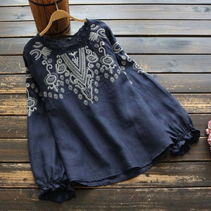 Spring Cotton Long Sleeve Tops, Embroidery Blouse Casual O-Neck S-5XL