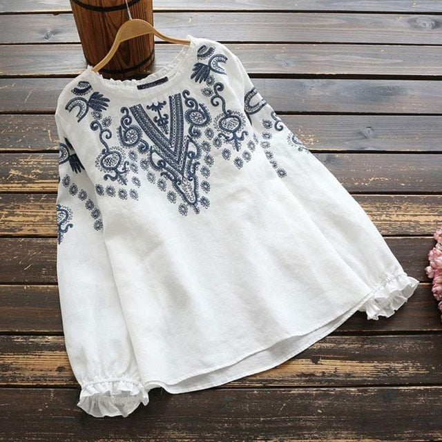 Spring Cotton Long Sleeve Tops, Embroidery Blouse Casual O-Neck S-5XL